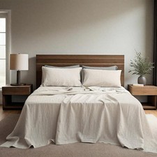 100 Natural Linen Sheets Set 4 Piece - Washed Linen Bedding Set with 16" Deep P