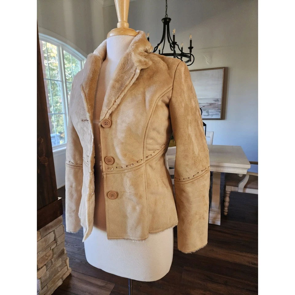 Y2K VTG Forever 21 Faux Suede Jacket Tan Beige Sherpa Lined Western Style Size S - Image 2 of 4