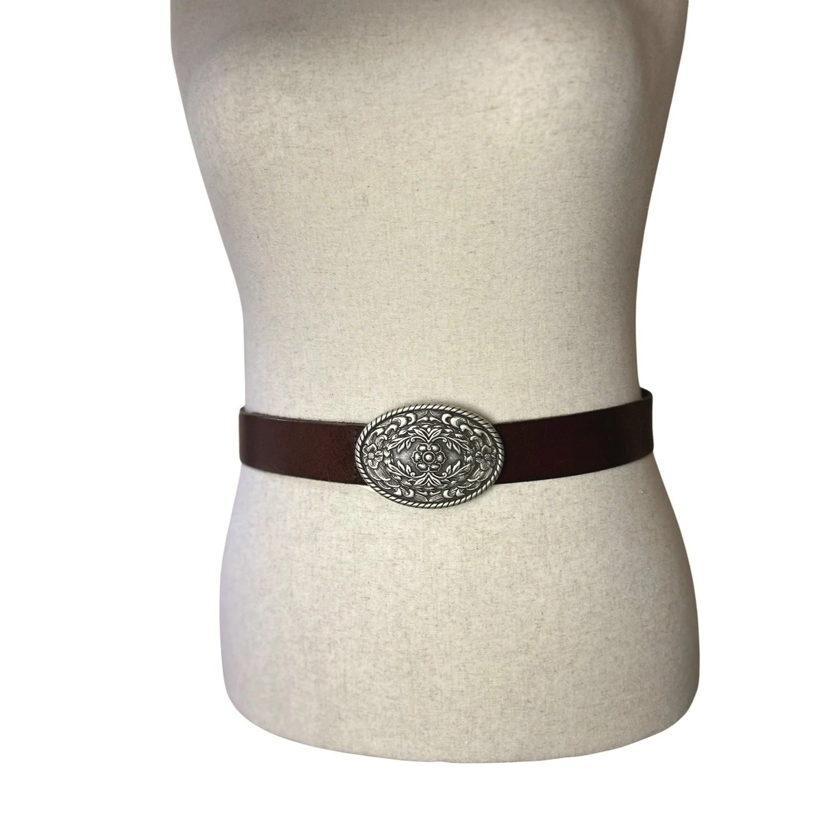 Vtg EDDIE BAUER Pewter Floral Filigree Buckle Leather Belt Western Bloom L/XL Eddie Bauer Women main image 2