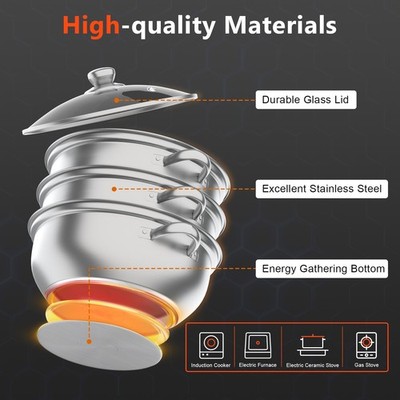 3 Tier Steamer Hot Pot Stainless Steel Cooker Steam Pot Food Cooking + Glass Lid