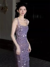Women Sleeveless Sequins Square Neck Long Slip Dress Evening Party Casual Ladies