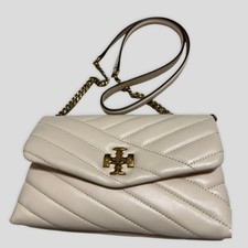 Tory Burch Kira Chevron Chain Wallet Beige Leather Crossbody Shoulder Bag