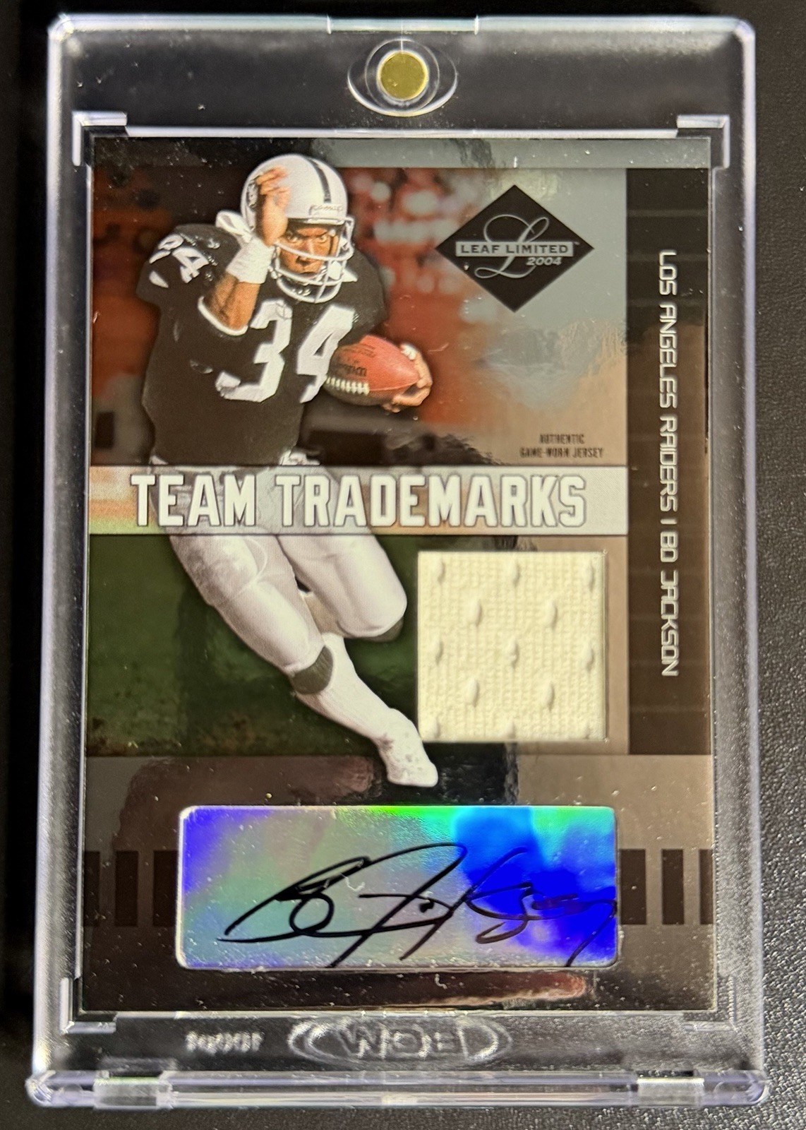 2004 Donruss Leaf Limited Team Trademarks Bo Jackson Game Used Jersey Auto /50