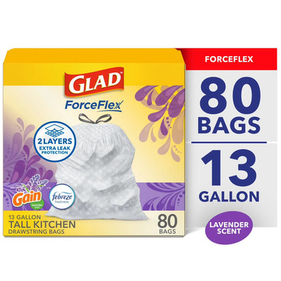 Glad ForceFlex Tall Kitchen Drawstring Trash Bags, 13 Gallon, Ships from the USA