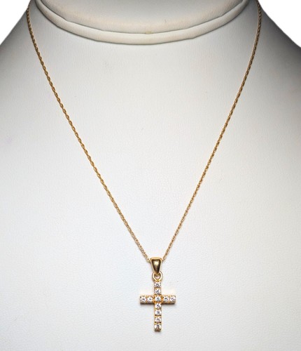 14K Gold Cross w/ Cubic Zirconia & 15'' Long Chain - Picture 2 of 5
