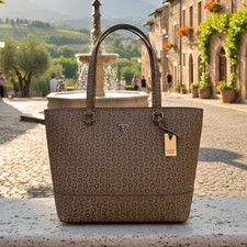 GUESS Brown Logo Monogram Zip Tote, Silver Ha...
