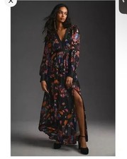 Maeve By Anthropologie Deep-V Printed Maxi Dress Size 10 Black