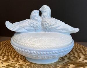 Vintage Westmoreland Glass Lovebirds On Nest Blue Candy Dish 6”