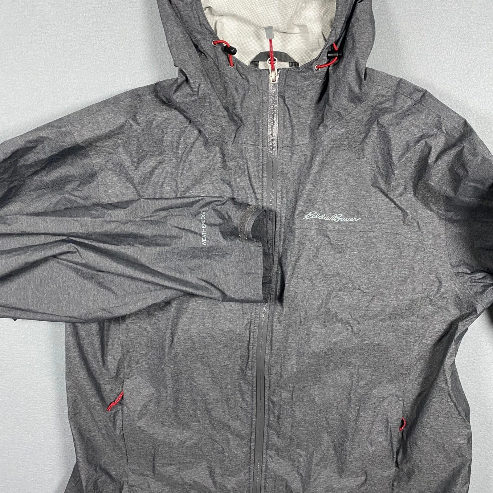 Eddie Bauer WeatherEdge Rain Jacket Gray Heather Full Zip Hooded Shell Mens XL