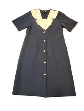 Vtg Blair Boutique Womens Dress 12P USA Made Navy Blue Button Front Lace Collar