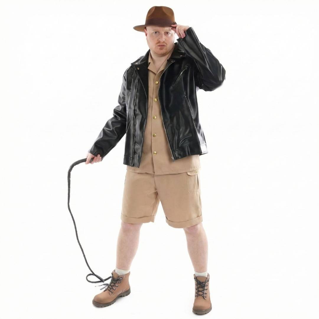 Disfraz de explorador para adultos | 5 piezas | Top, chaqueta, pantalones cortos, sombrero marrón y utilería de látigo