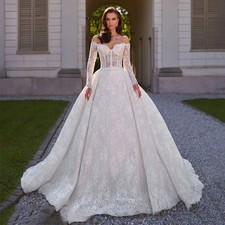 Long Sleeve A-Line Wedding Dress Sweetheart Appliques Lace Princess Bride Gown