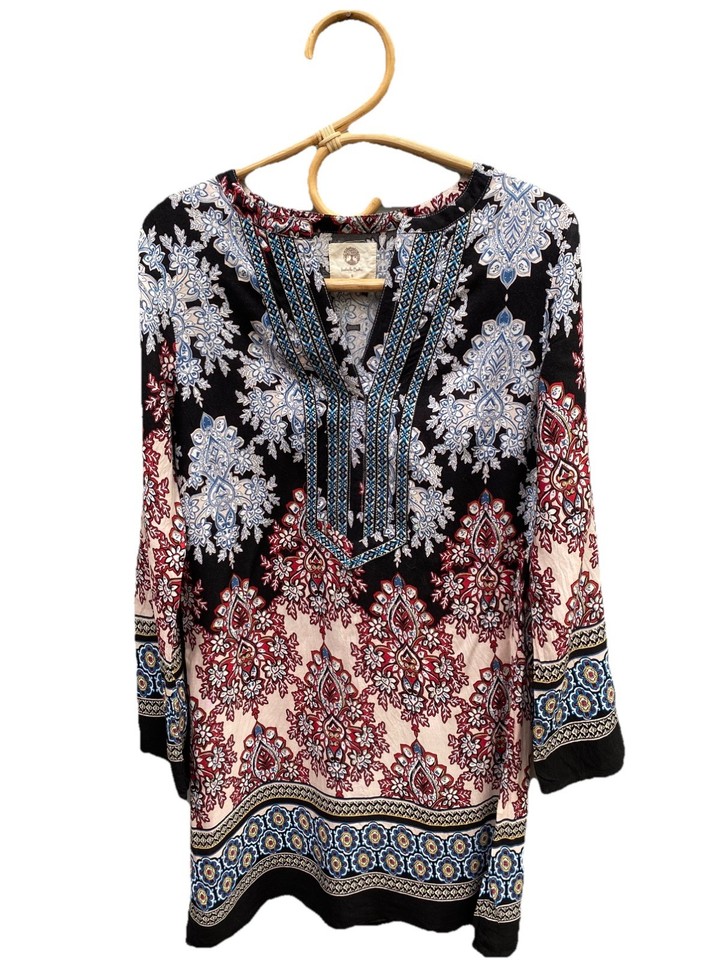 ISABELLA BOHO tunic top size S boho jacquard ribbon trim viscose roll tab sleeve