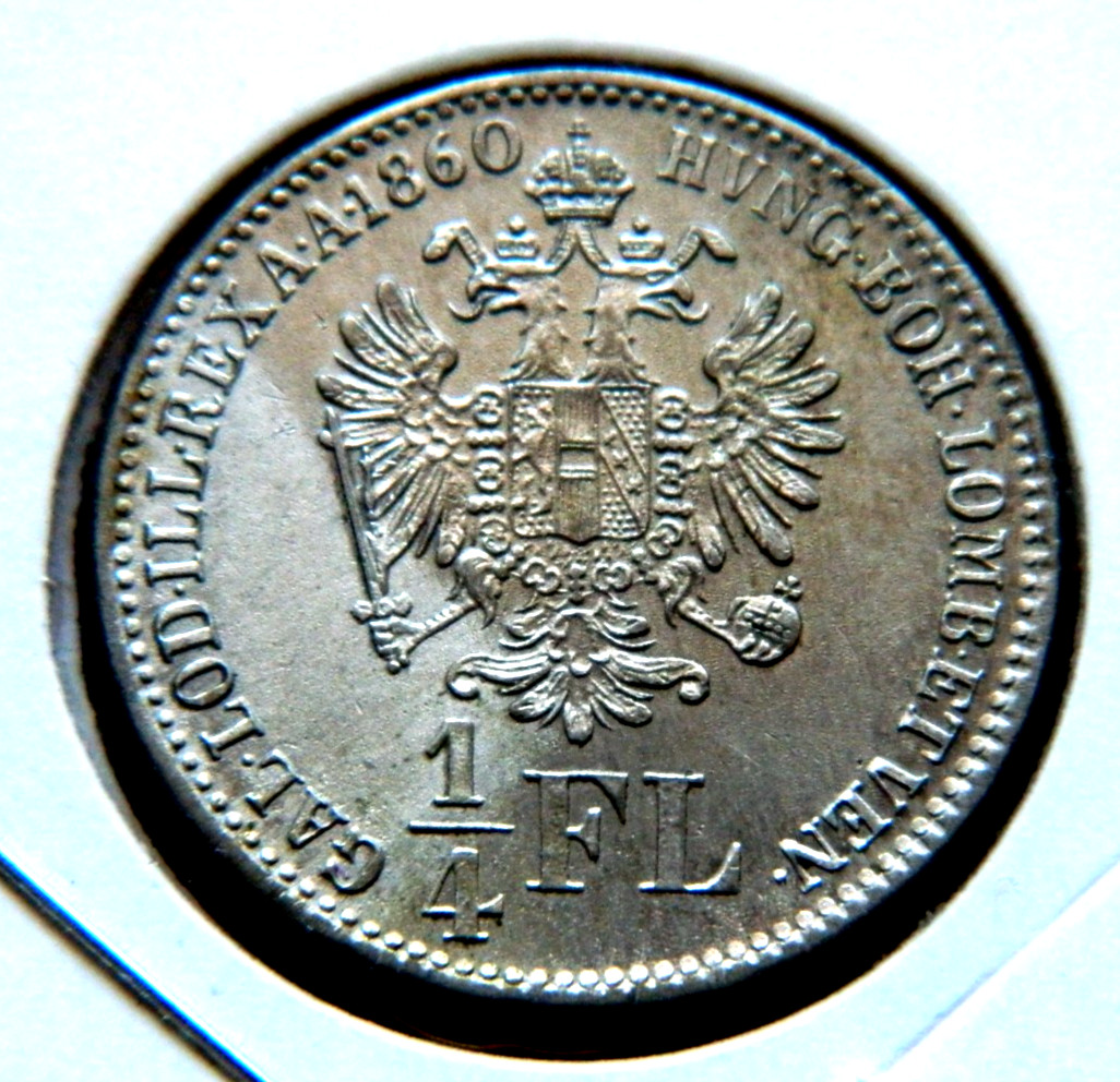 1860 B Austria, ¼ Florin. Emperor Francis Joseph I. Silver  Coin. KM#?2214