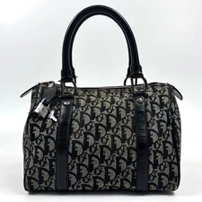 CHRISTIAN DIOR Trotter Mini Boston Bag Hand Bag Canvas Leather Navy w/ Key, Lock