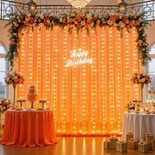 10x10 Ft Orange Tulle Photo Backdrop Curtain String Lights Sheer Decor
