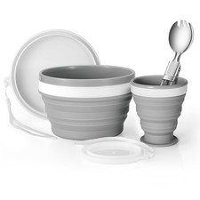 Camping Collapsible Silicone Cup and Bowl Set, Portable Mess Kit with Stainle...