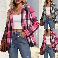 Women's Business Blazer Check Coat Long Sleeve Office Work Suit Jacket Outwear