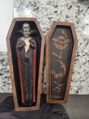 Resin Vampire Figurine in Gothic Coffin Box - Brown Black Red Antique Finish