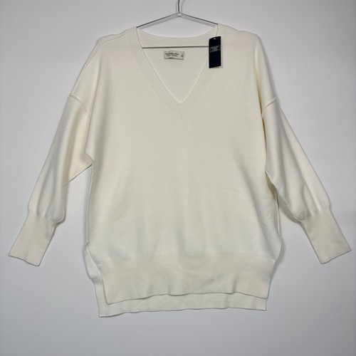 Abercrombie & Fitch Womens VNeck Sweater Sz S Cream Soft Collection 150-490-1577