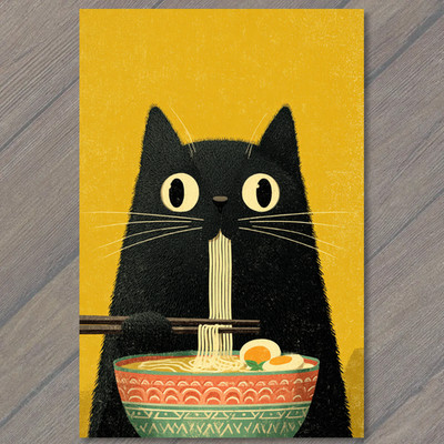 POSTCARD Black Cat Eating Ramen Noodles Cute Whimsical Hungry Kitty Charm