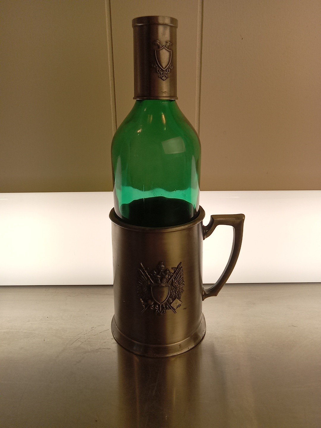 Vintage Japan Green Glass Bottle With Pewter Casing