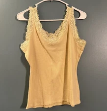 August Silk Lace Trim Ribbed Tank Top Cami Large Yellow Fairy Y2K Bella Swan