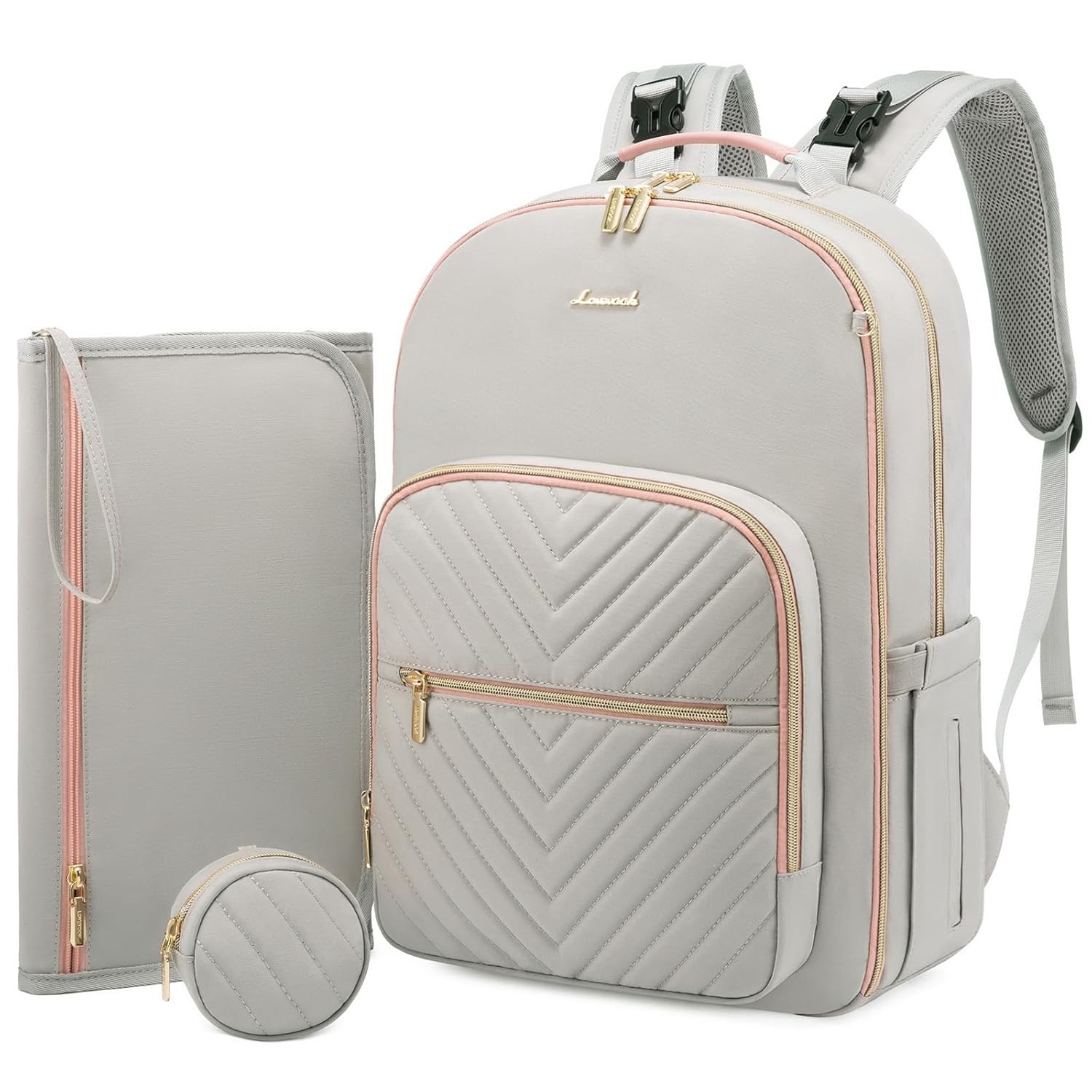 LOVEVOOK Diaper Bag Backpack, Quilted Baby with Changing Pad & Light Grey-image
