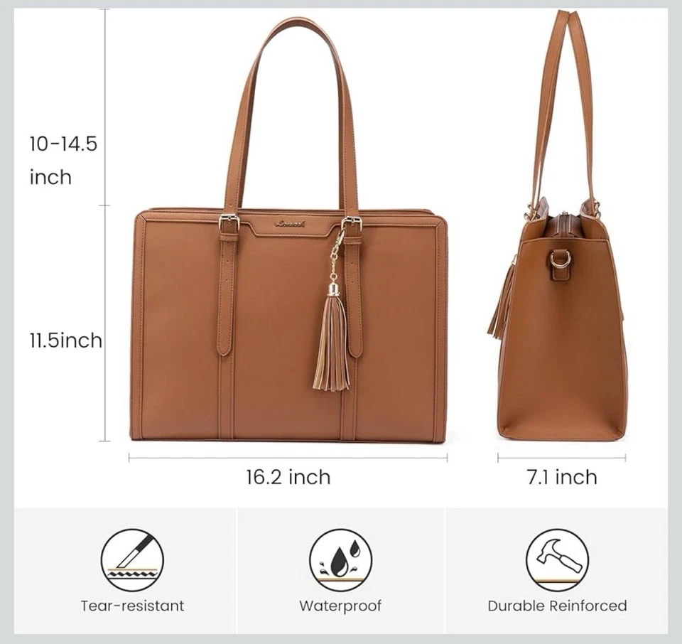 Lovevook с подкладкой ноутбука компьютер сумка с короткими ручками для женщин водонепроницаемый кожаный коричневый - Изображение 3 из 4