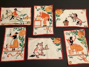 Designer Set 6 Signed Tony Sarg Vintage Linen Cocktail/Bar Napkins Dog Pig Horse