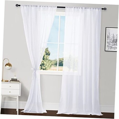 Sheer Curtains 96 Inches Long with Tiebacks, 52"W x 96"L (Pack of 2) White