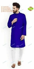 Indian Cotton Shirt kurta Mens Tunic Top Blue Color Plus Size Solid High Neck
