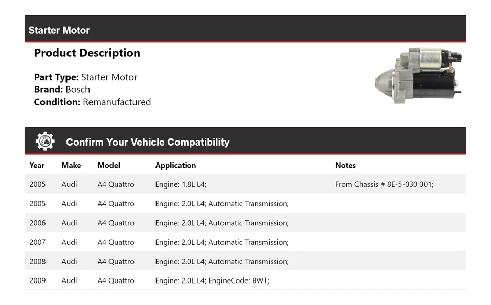 Arranque Bosch para Audi A4 Quattro 2005-2009 (remanufacturado) 2006 2007 2008 Foto 2 de 4
