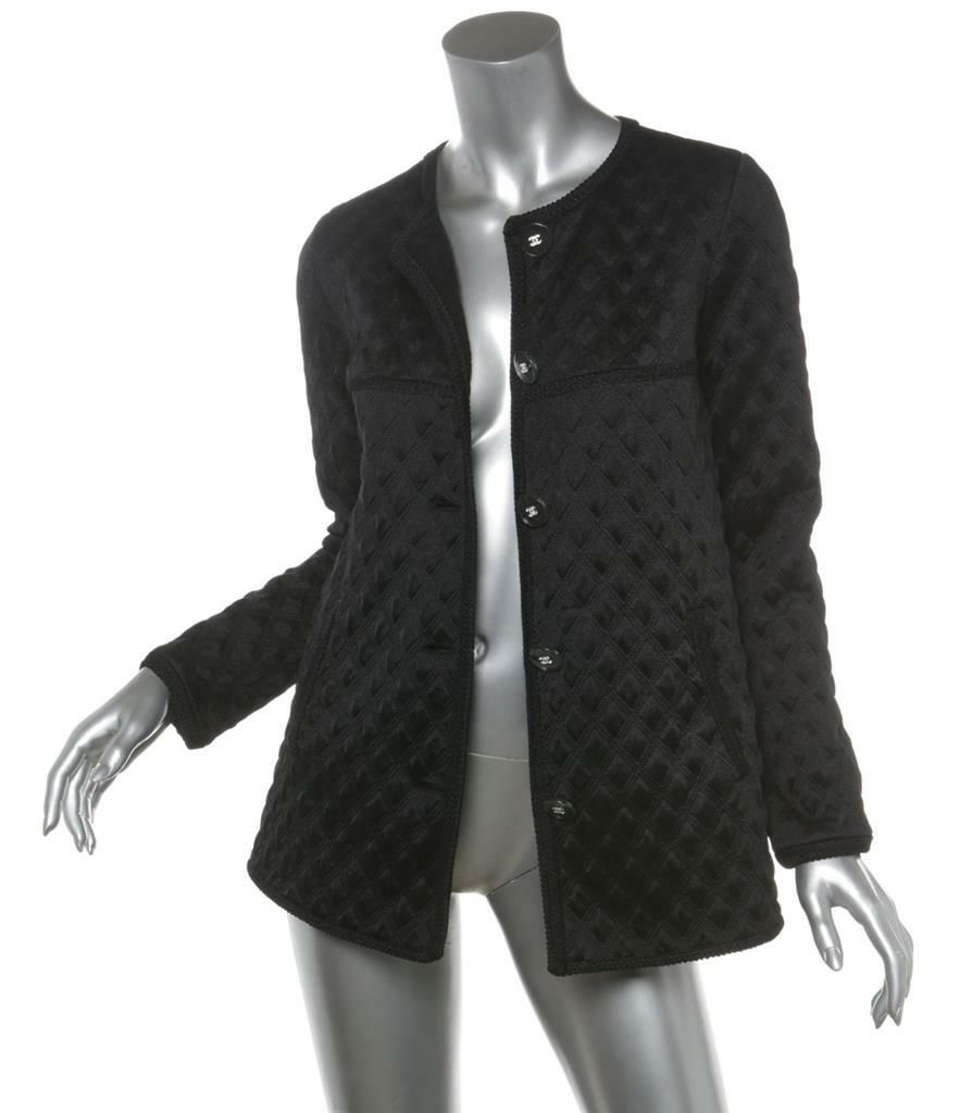 CHANEL Womens Black Silk Quilted CC LOGO Crew-Neck Blazer