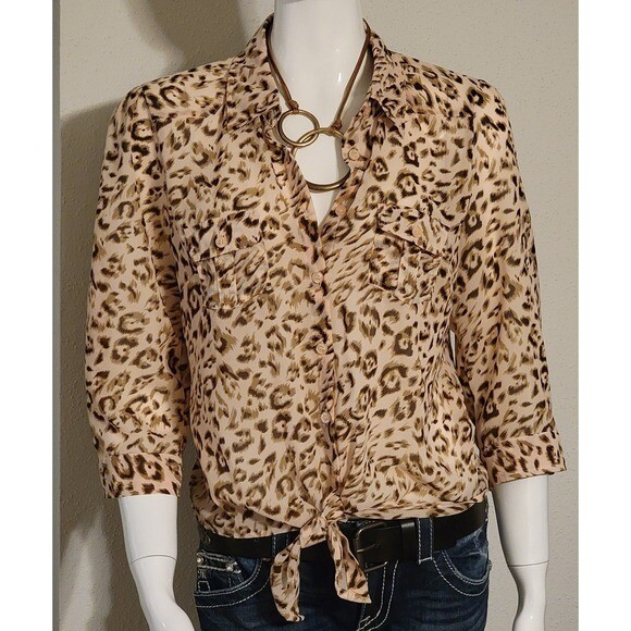 Leopard print blouse,  Button-down tie front blou… - image 2