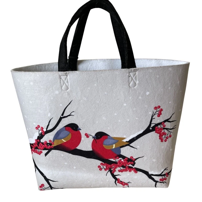 BARNES NOBLE Tote Book Bag Gray Felt Birds on Trees Double Handles RARE NWT