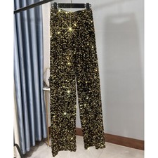Damen Velour Pailletten Hose Gummibund Hose Weites Bein Glitzer Kostüm