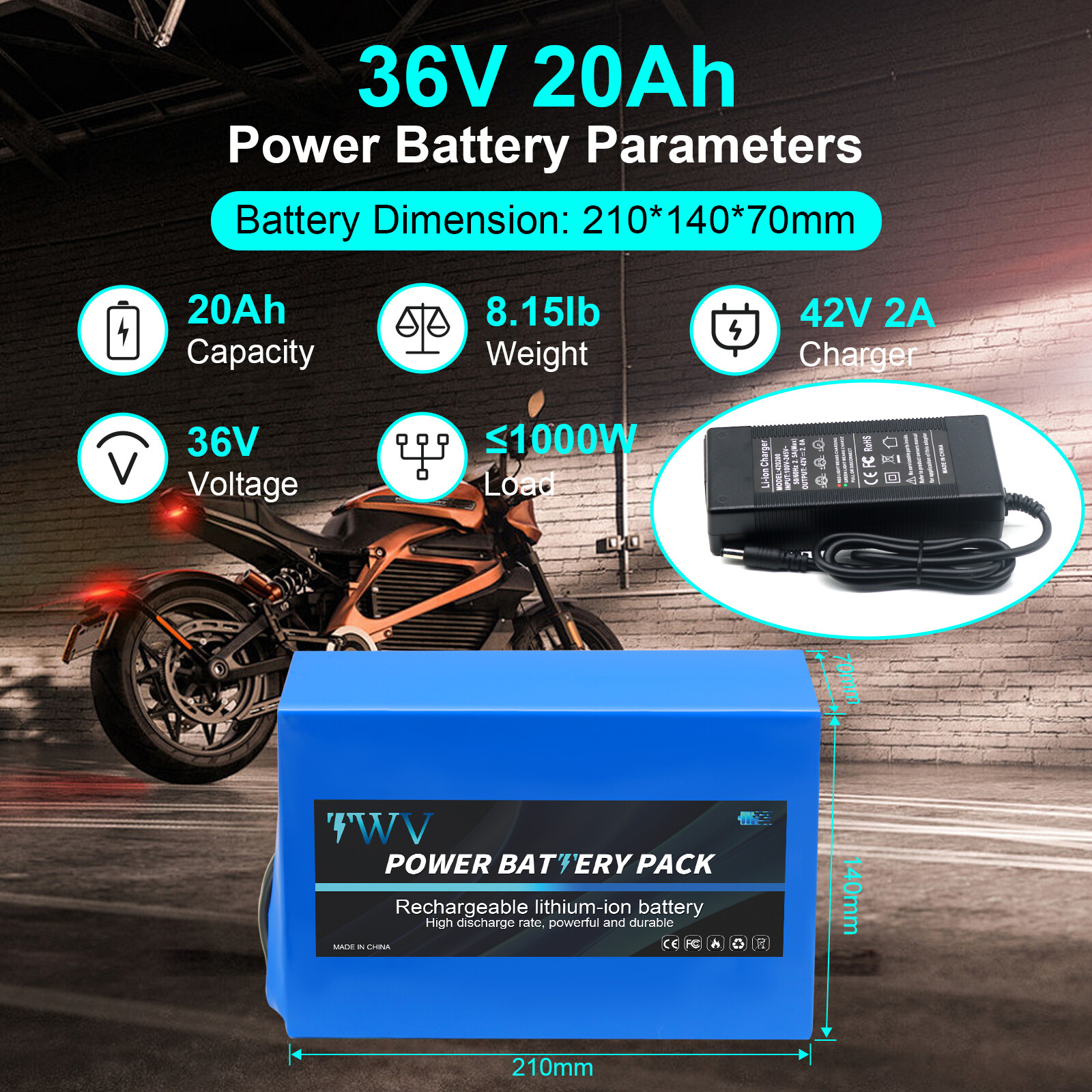 TWV 36V/48V 10AH/14AH/20AH Lithium Battery with 30A BMS for 0-1000W Motor