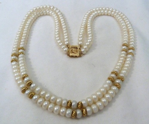 GRASSMAN-BLAKE 14K YELLOW GOLD 3.75MM BEADS 5MM PEARLS 2-STRAND CLASSIC NECKLACE - Picture 9 of 9