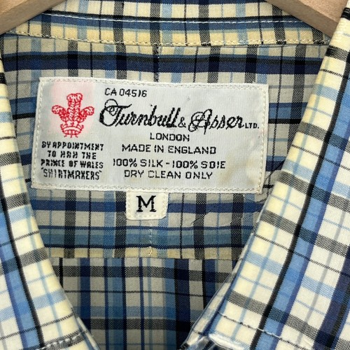 TURNBULL & ASSER Shirt M Silk Plaid Button Up Camp Cotton Blue England Vtg READ - Picture 7 of 19