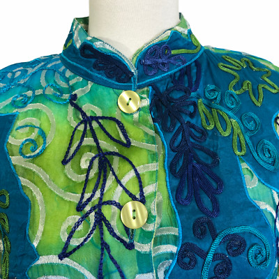 Florissant New York Artsy Jacket Womens Medium Blue Green Embroidery Slik Blend