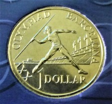 AUSTRALIAN BARCELONA OLYMPIC JAVELIN THROWER 1 DOLLAR 1992 GEM UNCIRCULATED COIN