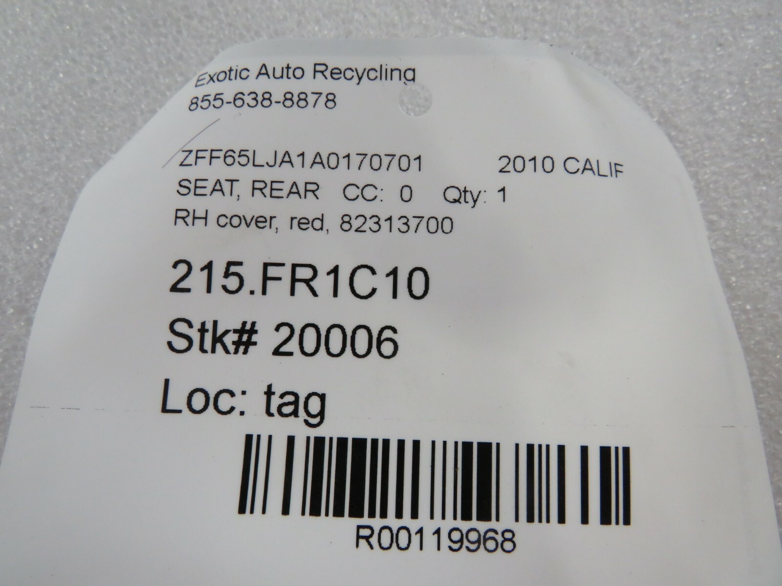 Ferrari California, RH, Right Seat Belt Cover Red, Used, P/N 82313700