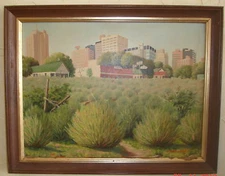 60s FOLK ART ARTIST Vada Woodell OIL PAINTING MIDLAND TEXAS SKYLINE DOWNTOWN