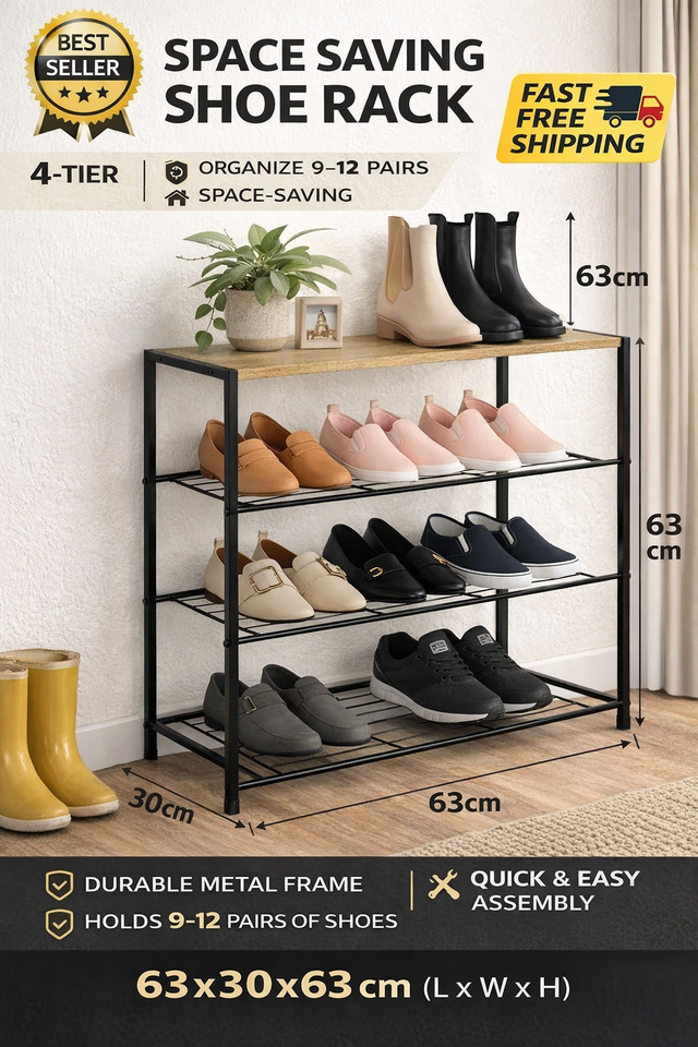 3-Tier Shoe Rack with Wooden Top – Space-Saving Metal & Chipboard ...