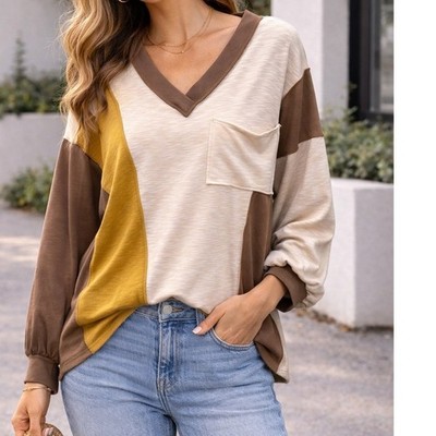 BiBi Womens Colorblock V-Neck Long Sleeve Top Brown Mustard Cream Large