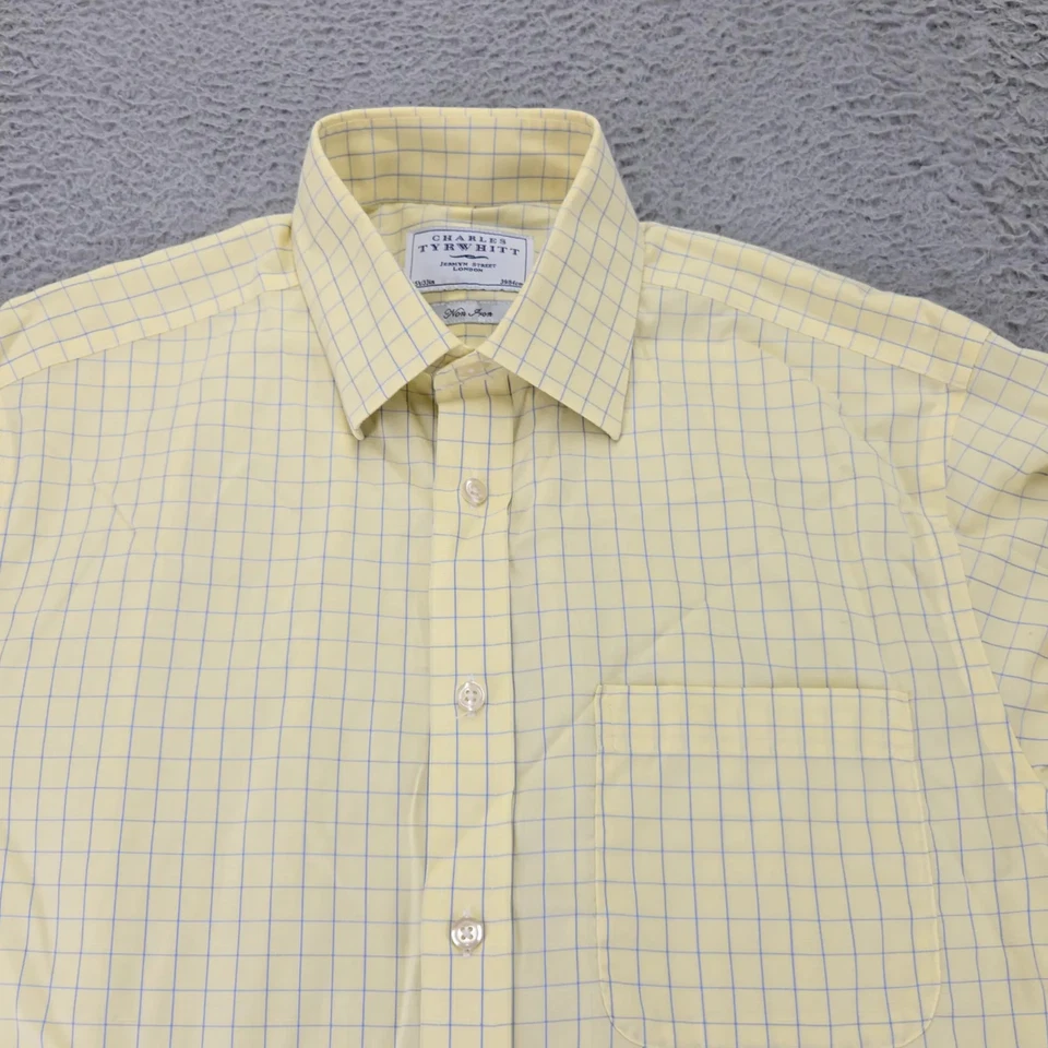 Charles Tyrwhitt Shirt Mens 15.5 33 Yellow Windowpane Check Non Iron French Cuff - Image 2 of 4