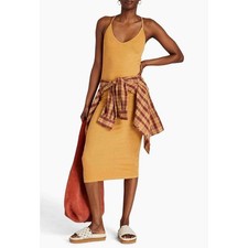 ENZA COSTA Silk Ribbed Jersey Midi Dress Womens Medium Mustard Yellow Racerback