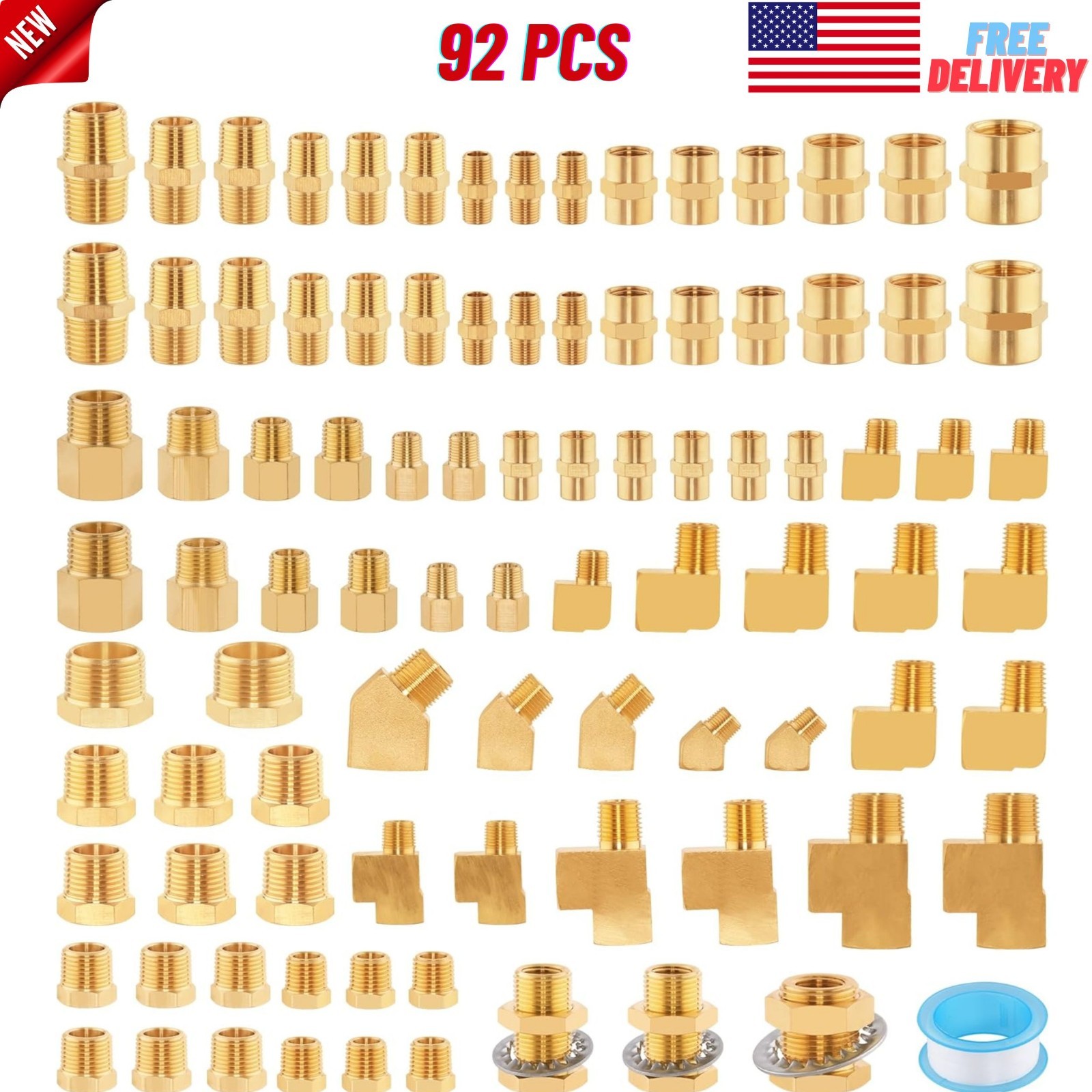 92PCS Brass Pipe Fittings Assortment Kit NPT Adapter,Hex Nipple,Reducer Bushing