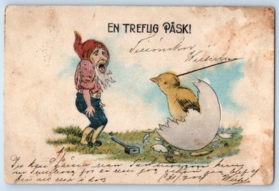 c1905 Easter Elf Gnome Surprised Hatched Egg Chick Posted Antique Postcard